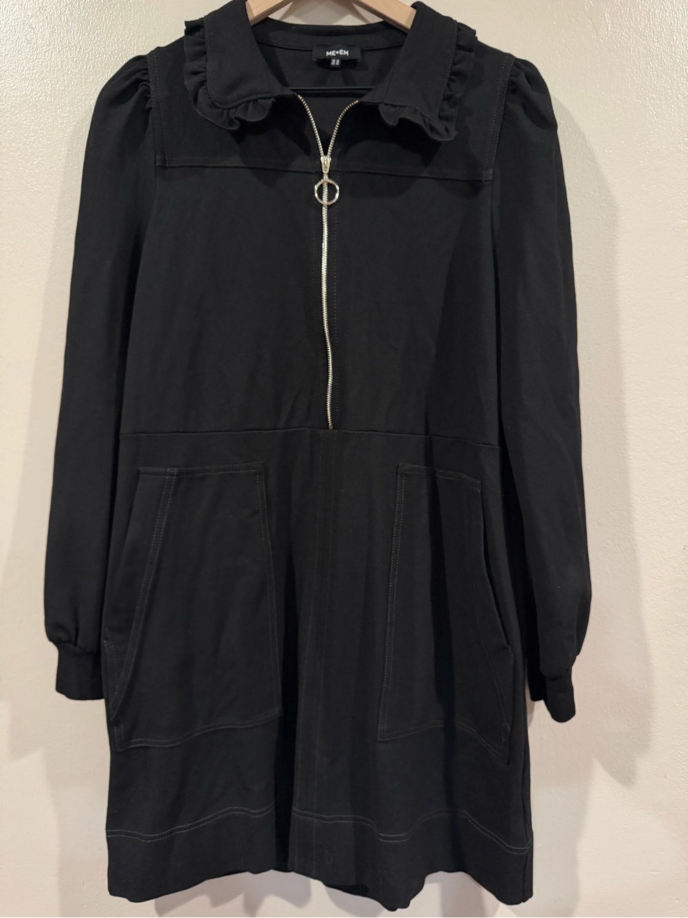 EUC ME+EM Black Long-Sleeve Zip Dress with Ruffle Collar up